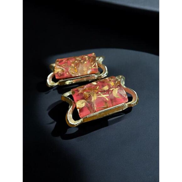 Vintage 50s PAM Pink Lucite Gold Crescent Moon Lucite Clip On Earrings Rectangle - Picture 3 of 6